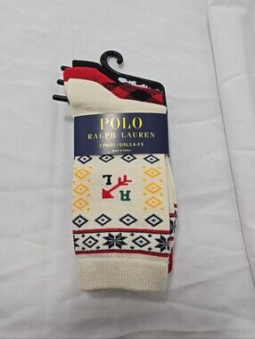 NWT Polo Ralph Lauren Girl's 8-9.5 Winter Theme  3 Pairs Multicolor  Crew Socks